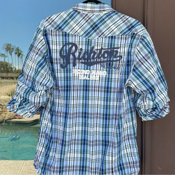 Scotch & Soda Western White/Blue/Green Plaid Full-Snap Scrunched Sleeve Shirt L - Picture 7 of 12